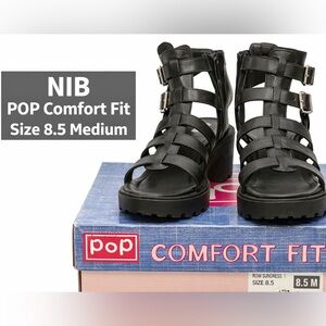 POP Comfort Fit Sundress Black Gladiator Platform Sandals NIB 8.5 Med